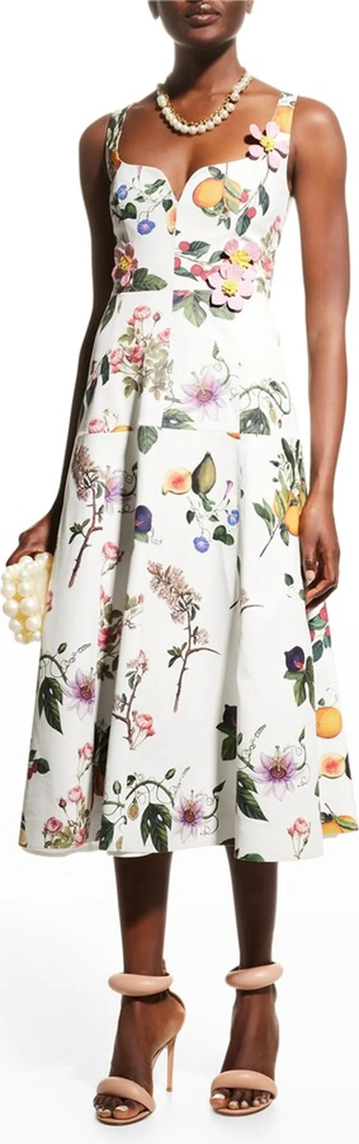 Botanical-Print Flower-Applique Leather Midi Dress
