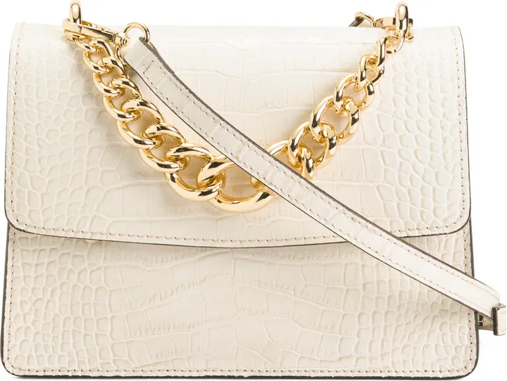 Made In Italy Leather Croc Embossed Crossbody With Chain Handle