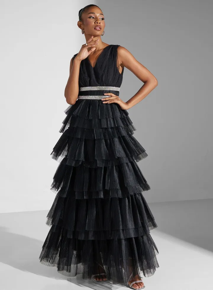 V-Neck Ruffled Detail Dress