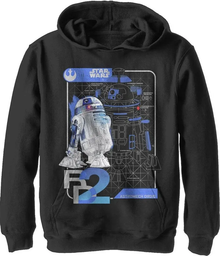 Boy's Star Wars The Last Jedi R2-D2 Schematics Pull Over Hoodie - Black - Medium