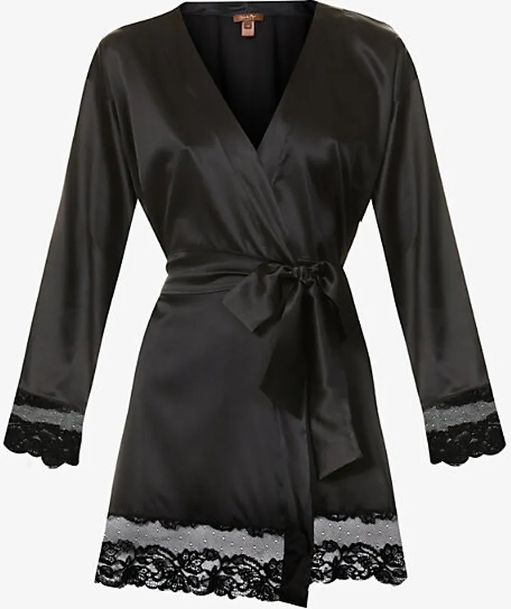 Womens Black Seraphine Lace-trim Silk-blend Robe