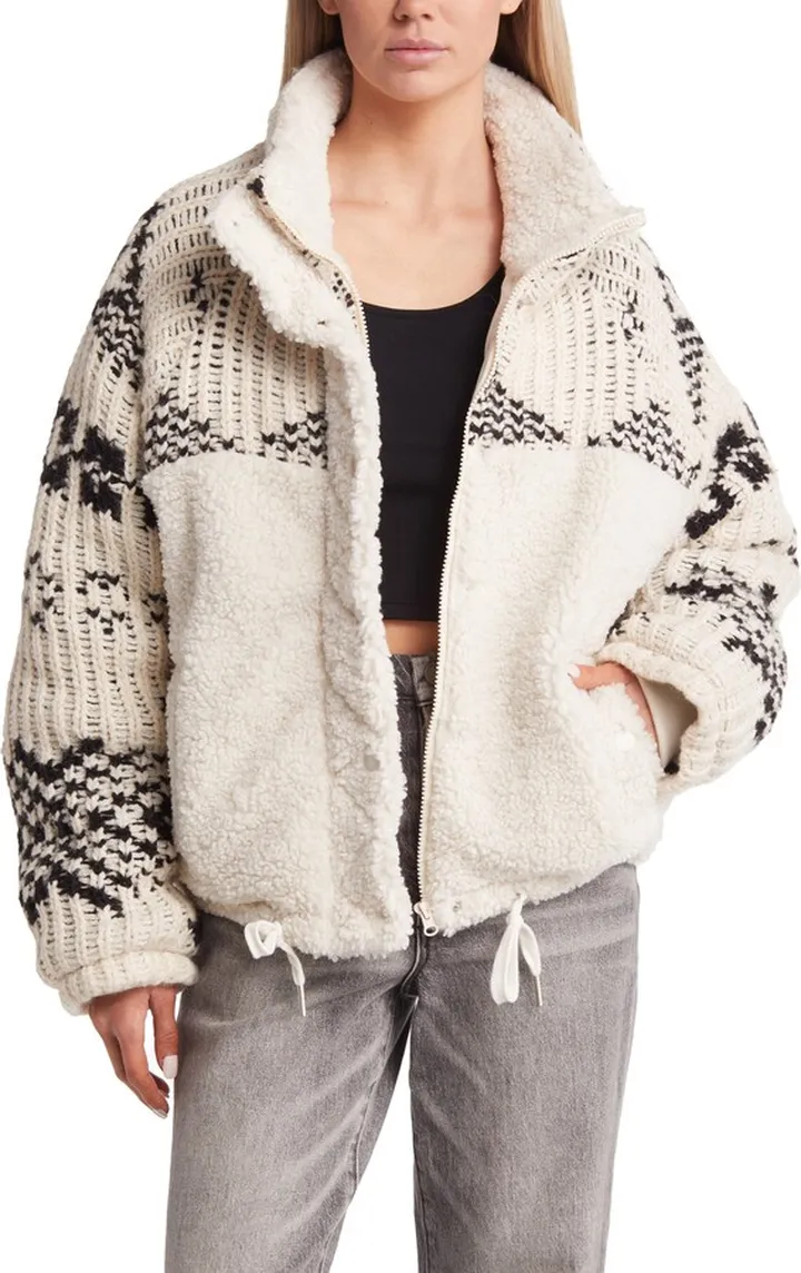 Knit Sleeve Faux Shearling Jacket