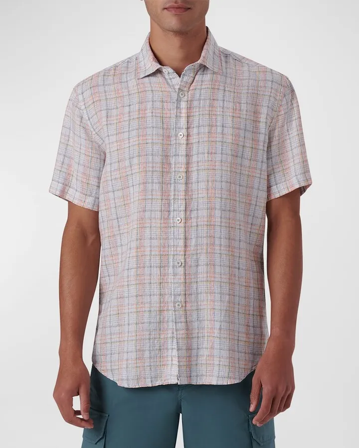 Men's Plaid Linen Shaped Sport Shirt
