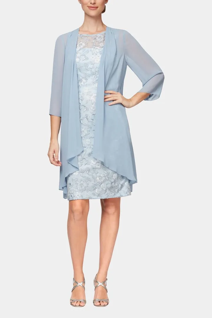 Short Embroidered Sheath Dress With Open Jacket