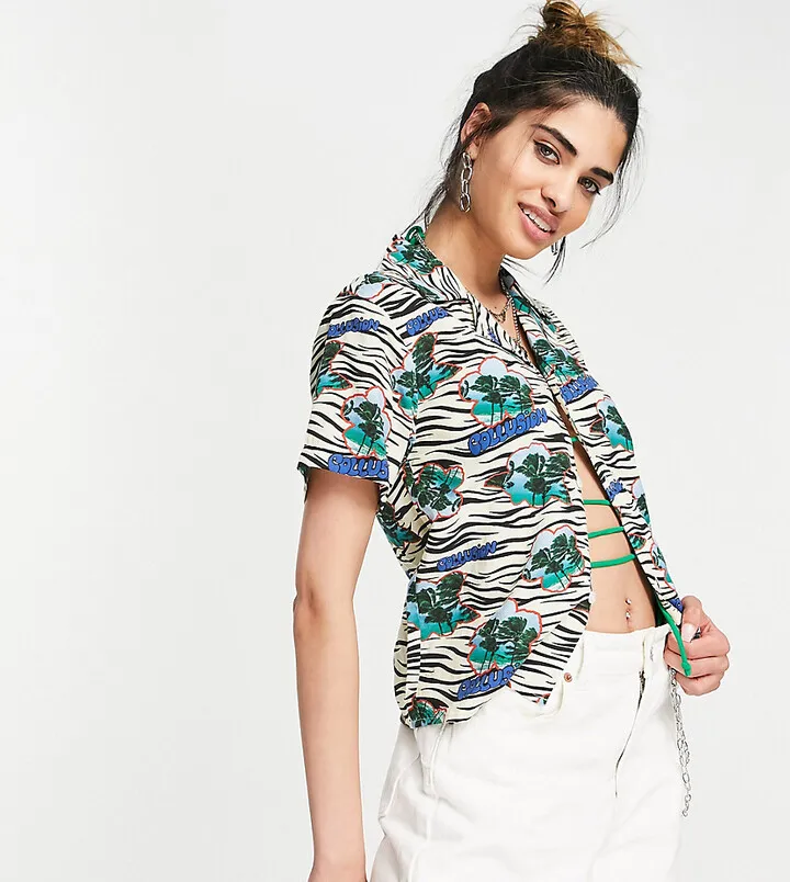 COLLUSION shrunken shirt in surfy print