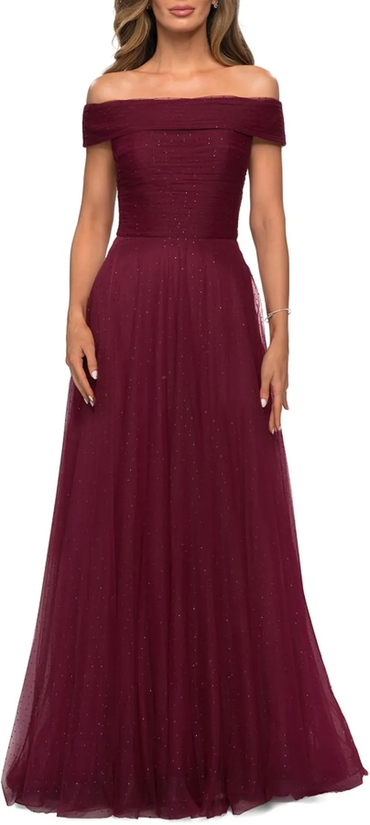 Embellished Off the Shoulder Mesh Gown