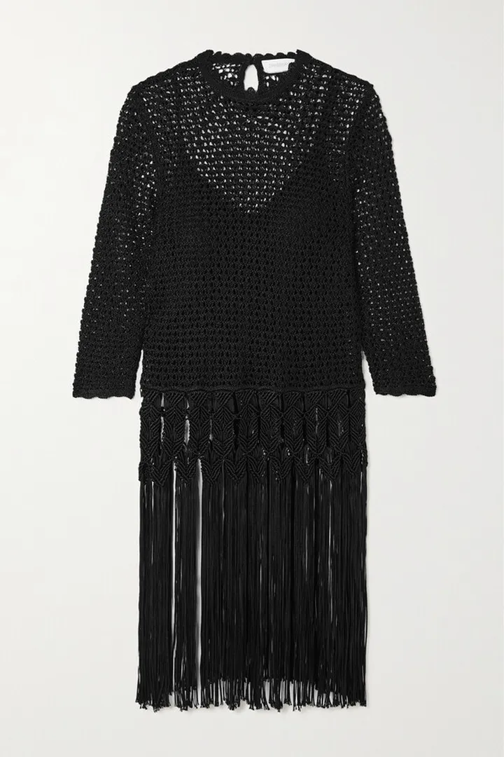 Zimmermann - Wonderland Fringed Crochet-knit And Macramé Tunic - Black