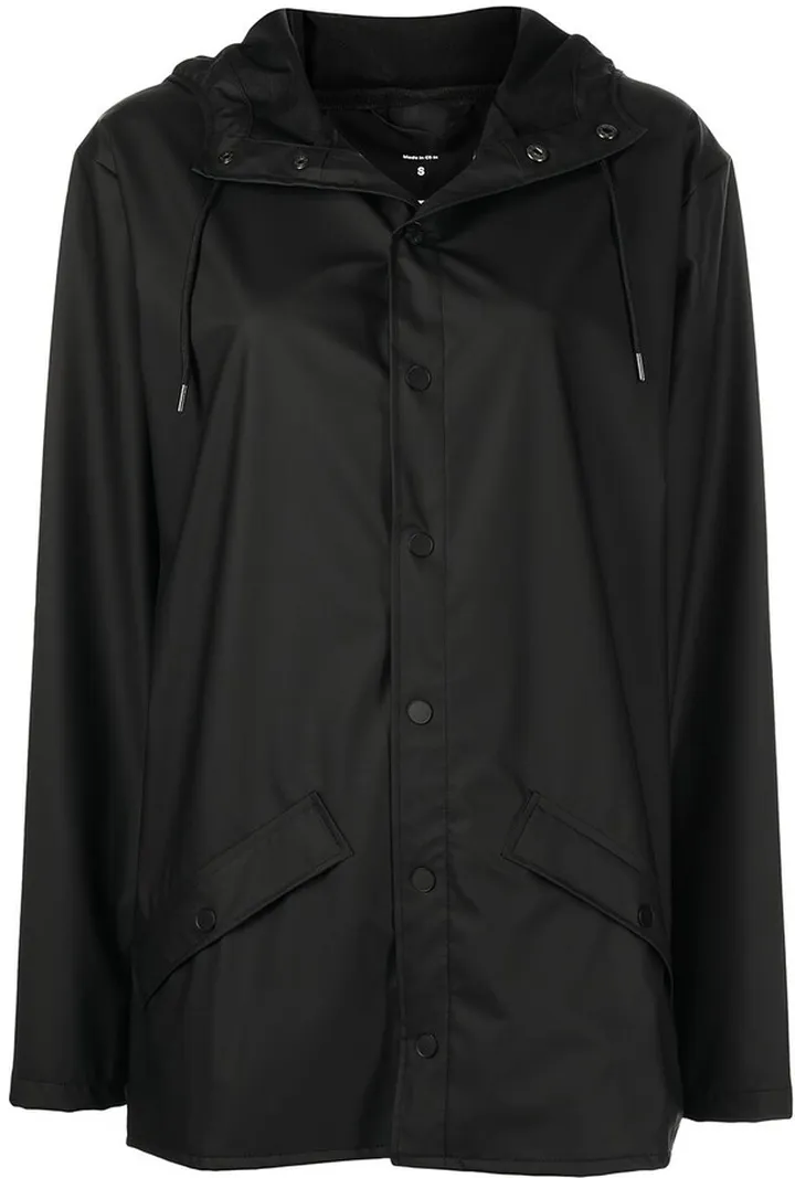 Drawstring-Hood Buttoned Rain Jacket