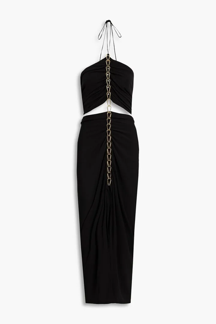 Chain-trimmed cutout crepe halterneck maxi dress