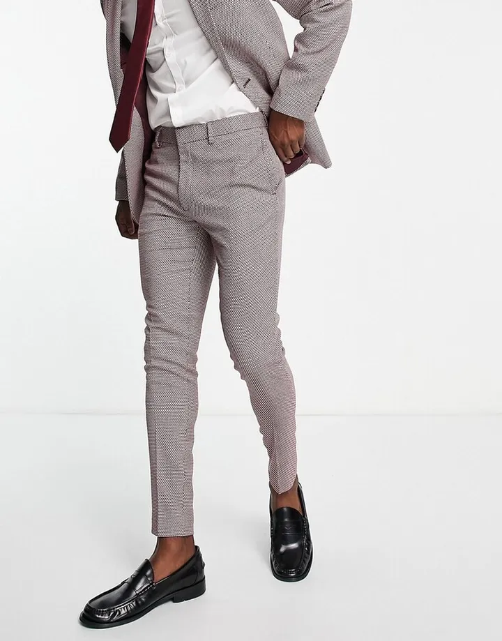 ASOS DESIGN wedding super skinny suit pants in wine birdseye texture
