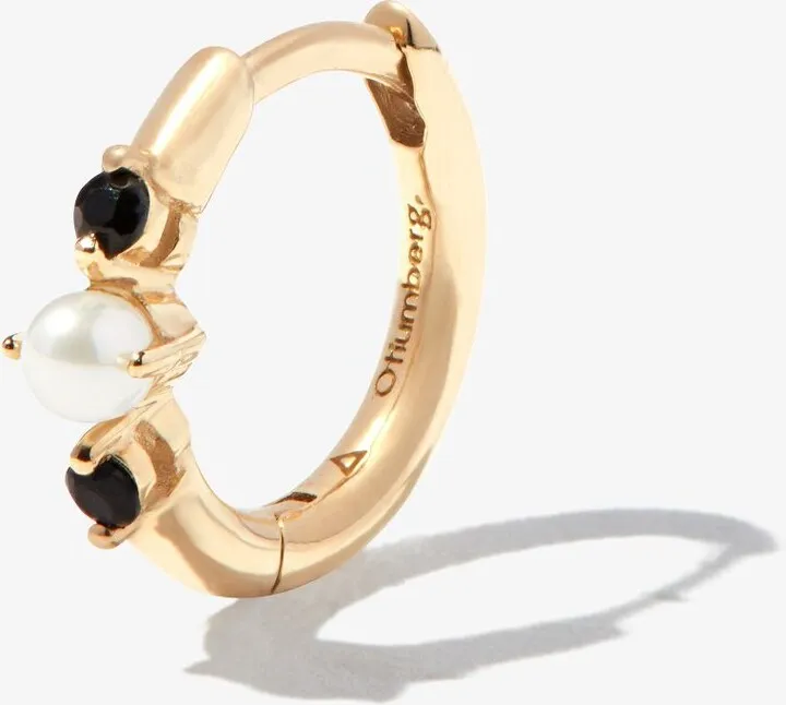 9K Yellow Gold Onyx And Pearl Huggie Earring