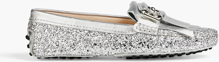 Fringed glittered metallic leather loafers