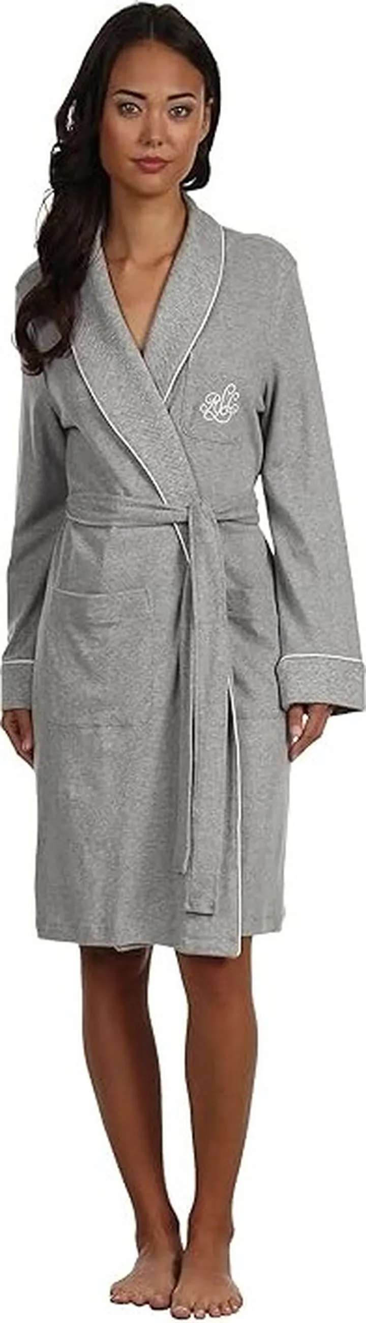 LAUREN Ralph Lauren Essentials Quilted Collar and Cuff Robe (Grey Heather) Women's Robe