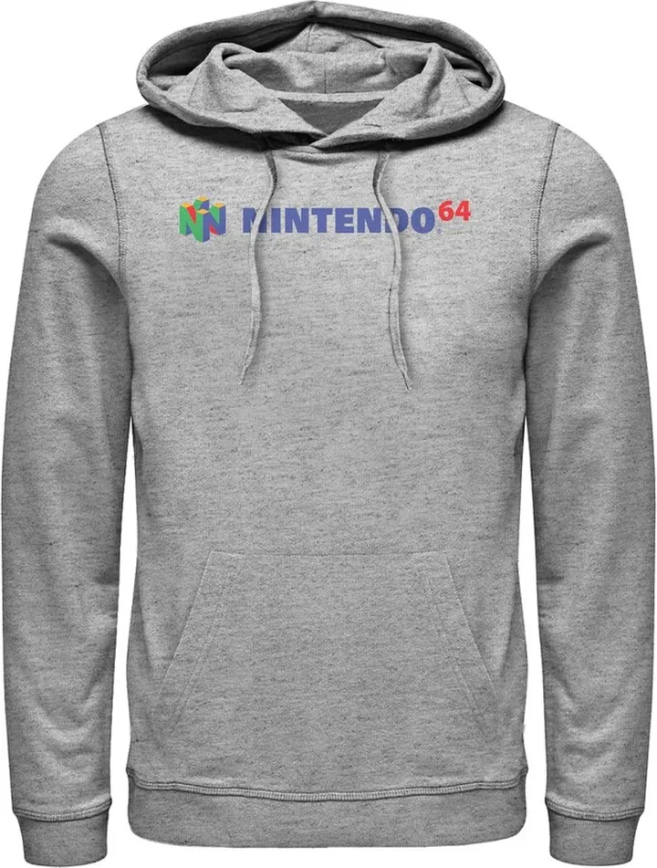Men's Nintendo Classic N64 Logo Text Pull Over Hoodie - Athletic Heather - Large
