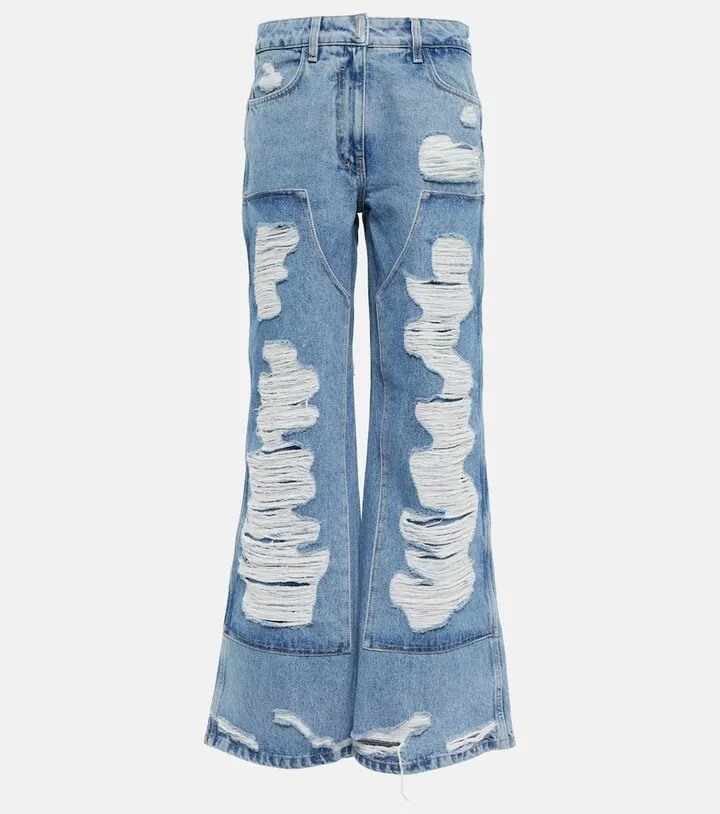 Distressed mid-rise wide-leg jeans