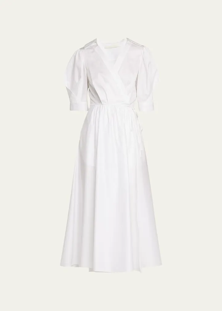 Cotton Sateen Tie-Cuff Midi Shirtdress