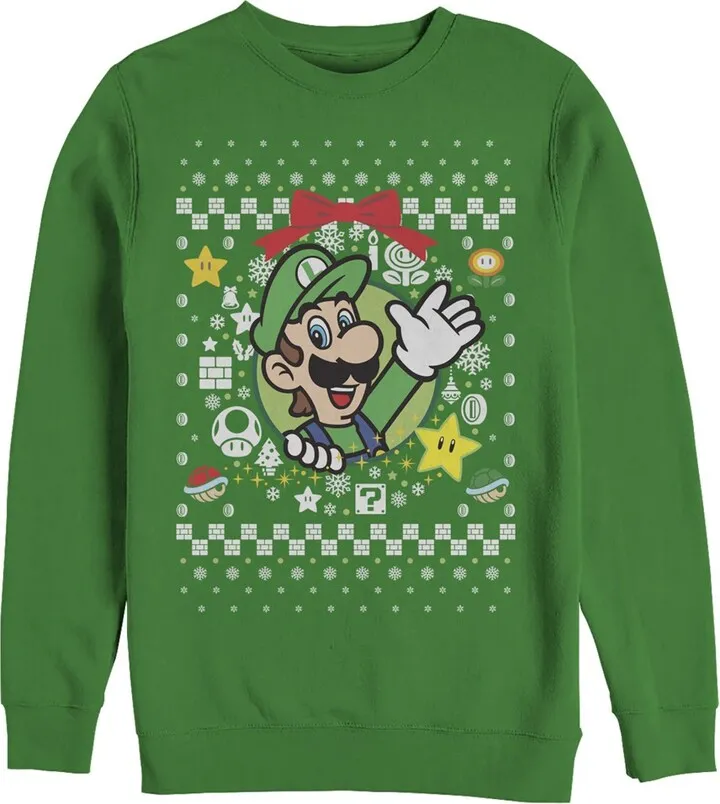 Men's Nintendo Ugly Christmas Luigi Wreath Sweatshirt - Kelly Green - Large