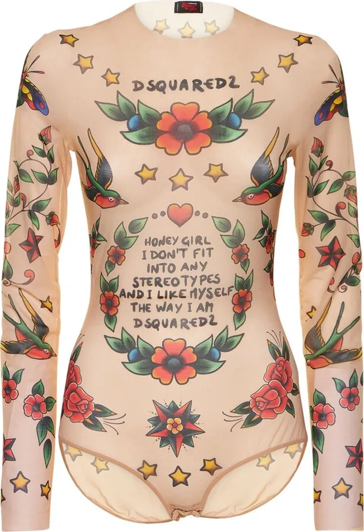 Tattoo printed sheer tulle bodysuit