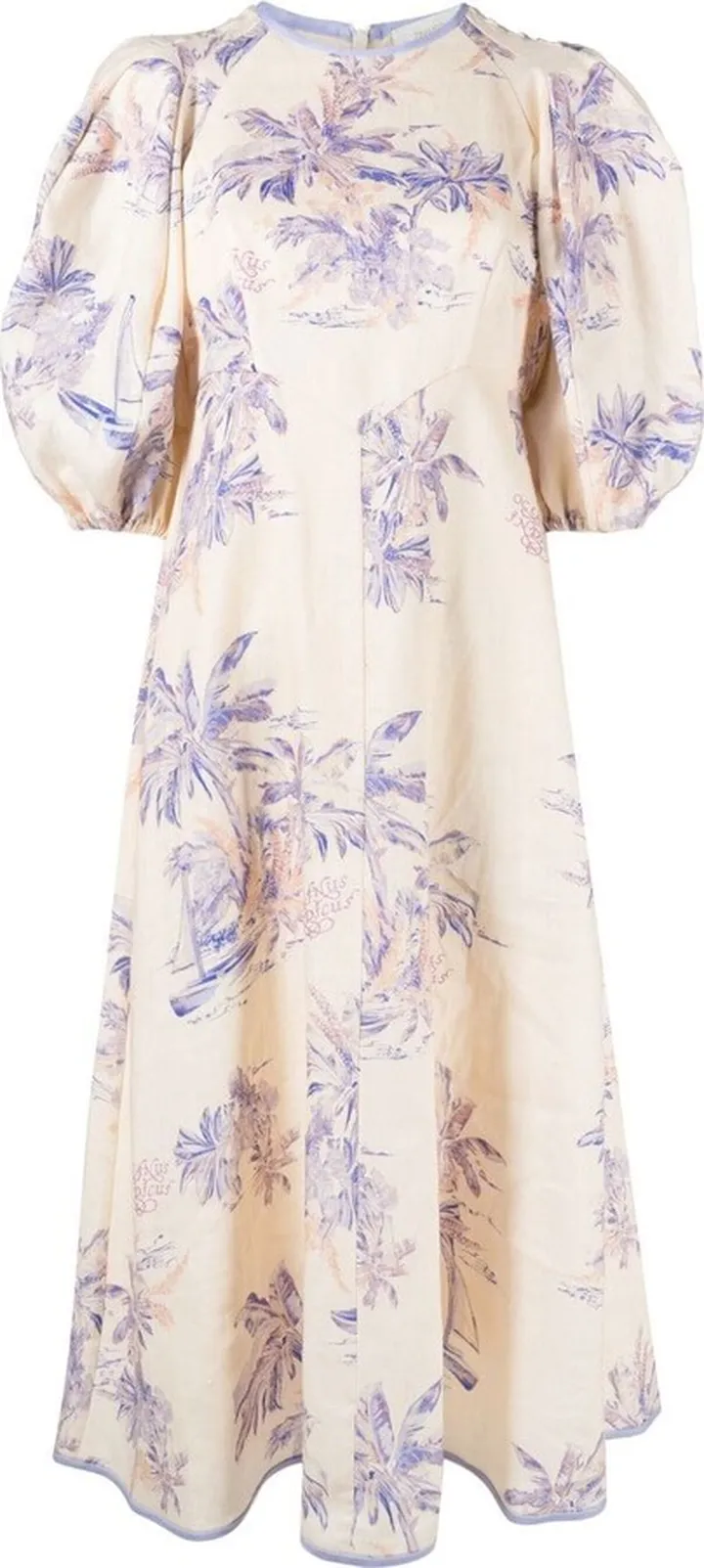 Floral-Print Puff-Sleeve Linen Dress