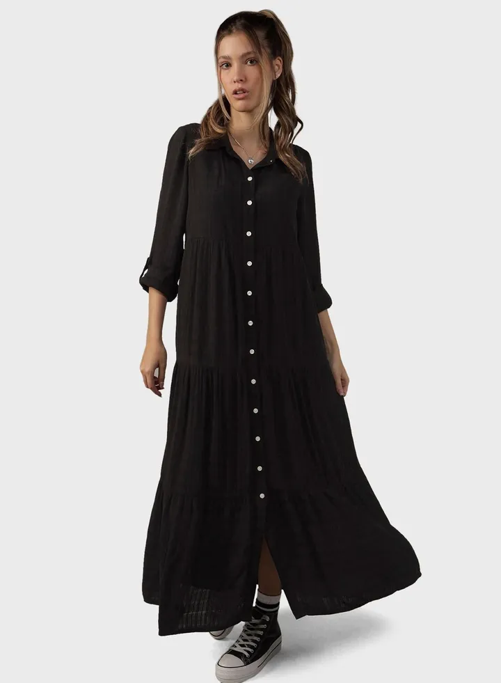 Button Detailed Puff Sleeve Shirt Dress