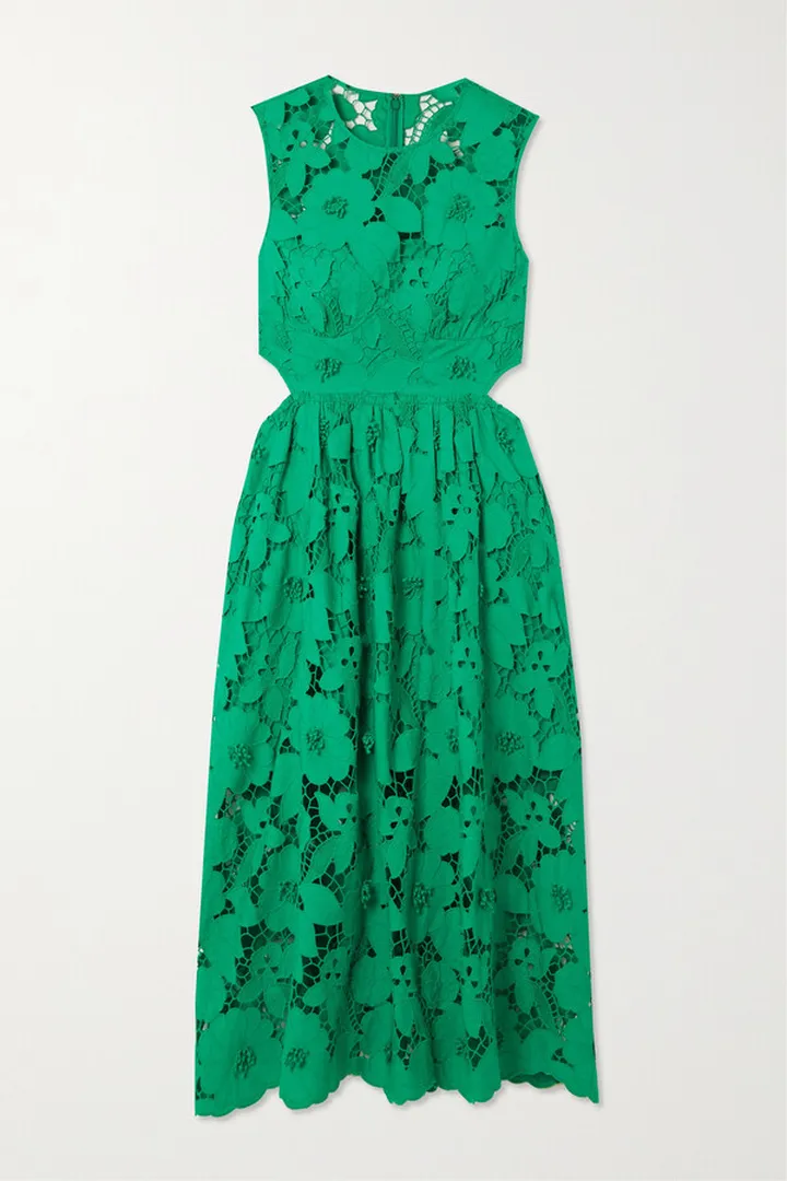 Self-Portrait - Cutout Embroidered Cotton And Guipure Lace Midi Dress - Green