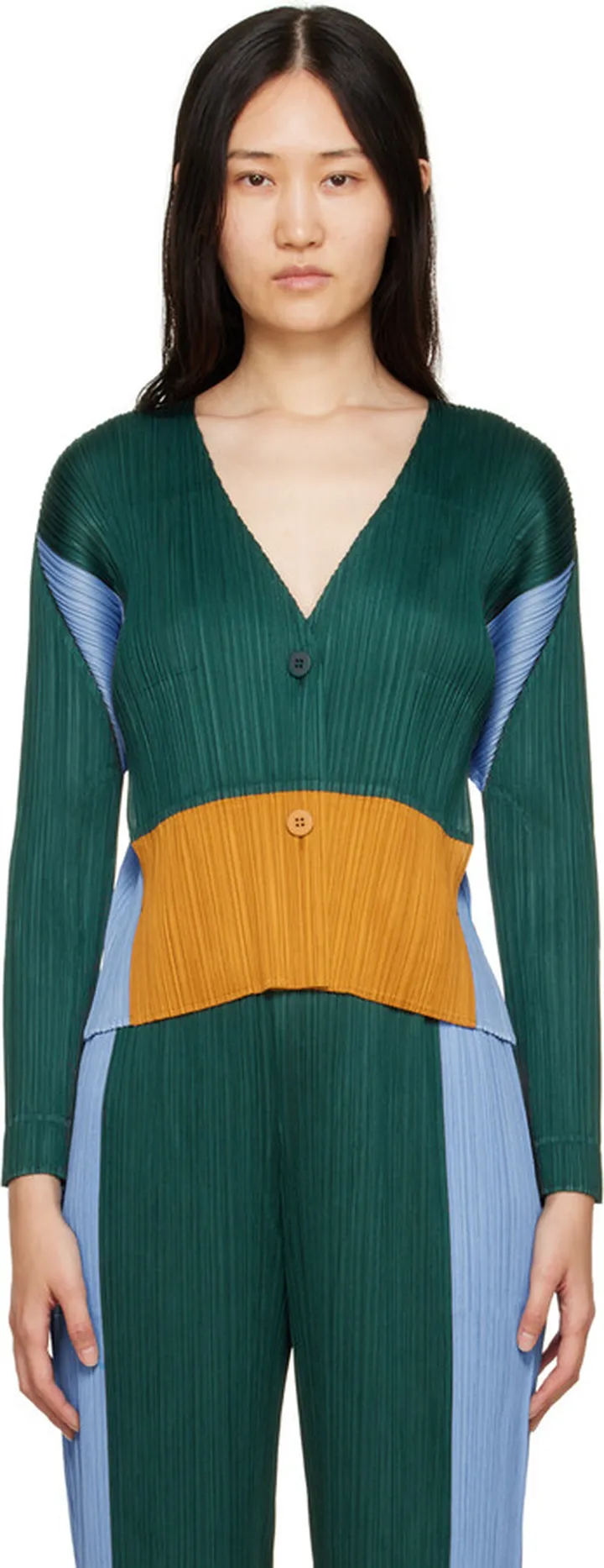 Pleats Please Issey Miyake Green Ensemble Cardigan