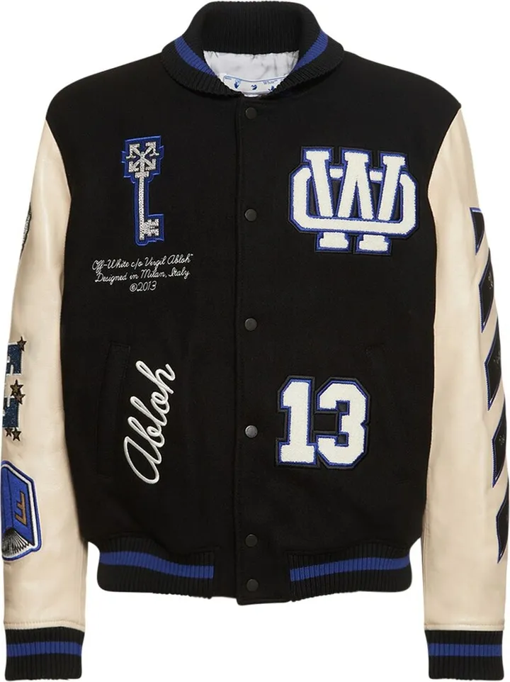 Embroidered leather varsity jacket