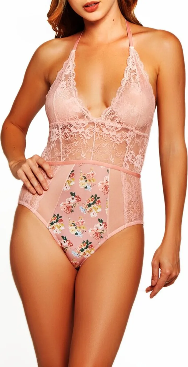 iCollection Phoeny Galloon Lace & Floral Satin Lingerie Bodysuit