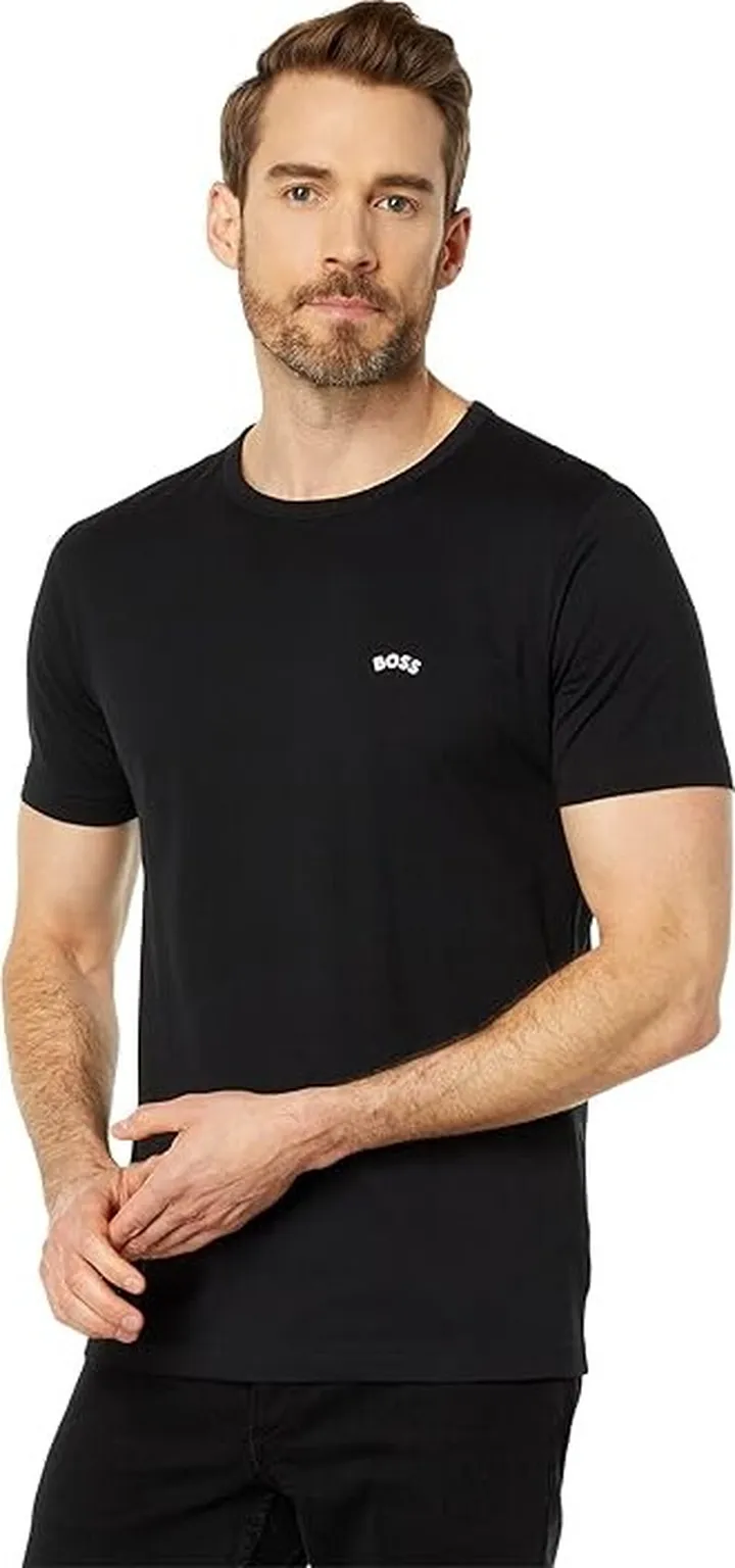BOSS Tee Curved Logo Cotton Shirt (Dark Black) Men's Clothing