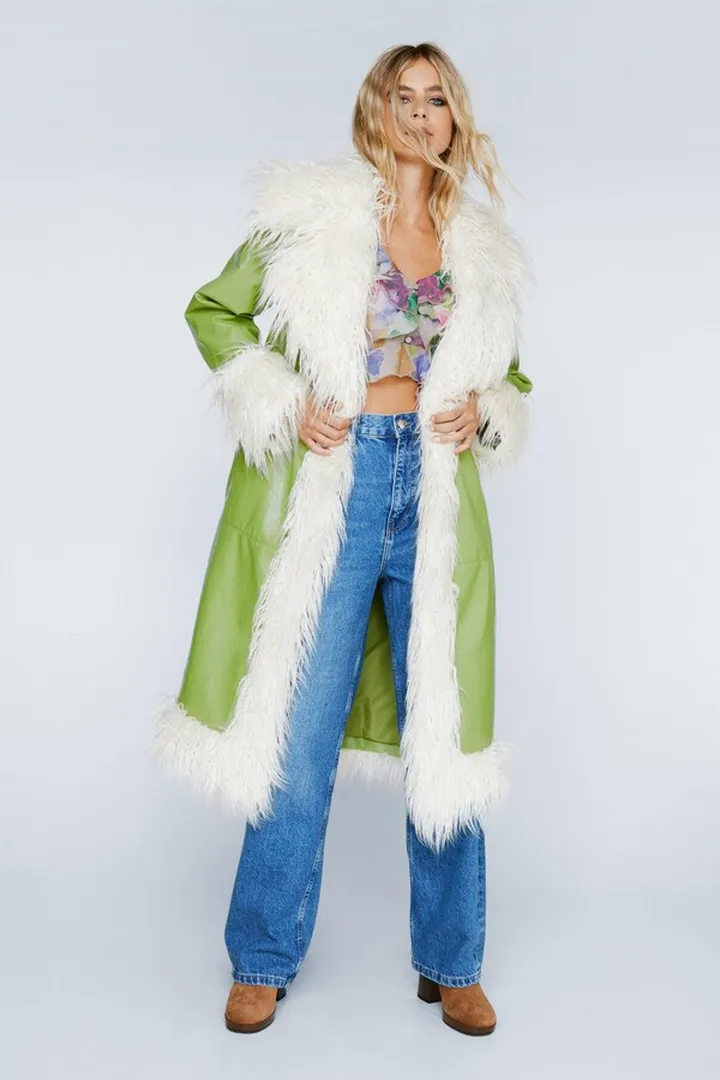 Nasty Gal Womens Premium Faux Vinyl Leather Fur Trimmed Trench