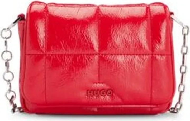 Vinyl-effect quilted shoulder bag with logo-chain strap