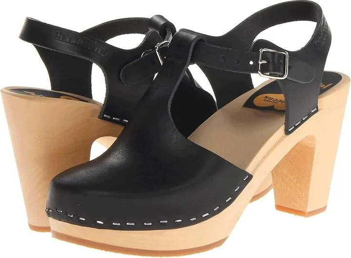 Swedish Hasbeens T-Strap Sky High (Black) Women's Clog Shoes