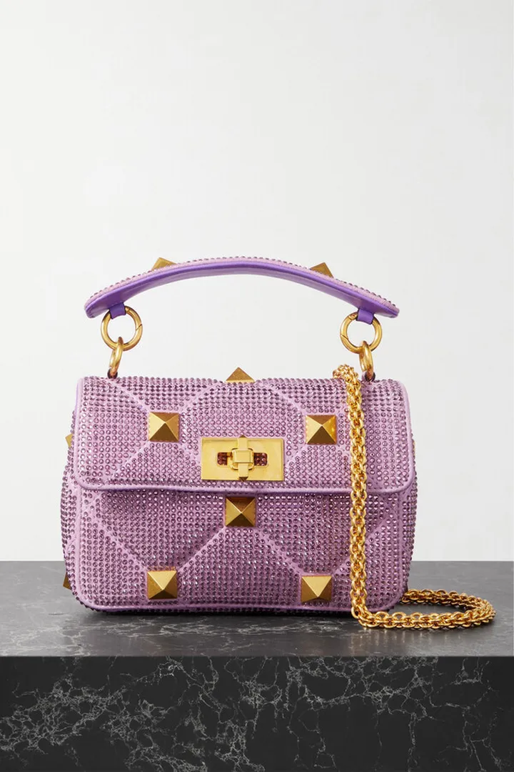 Valentino Garavani - Valentino Garavani Roman Stud Crystal-embellished Suede Shoulder Bag - Purple