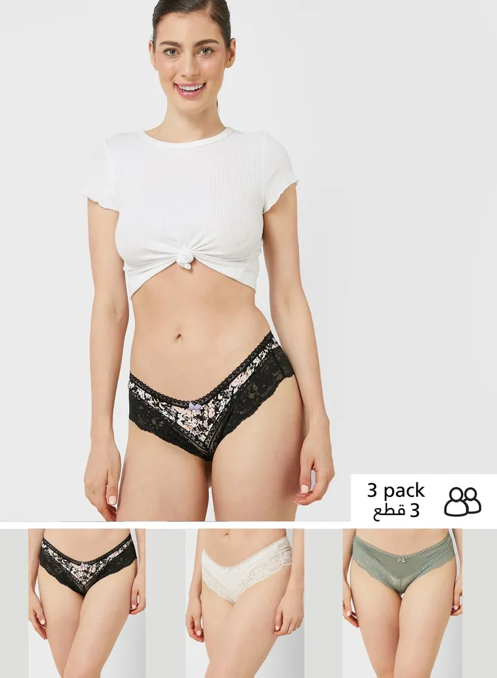 3 Pack Lace Trim Brazilian Knickers