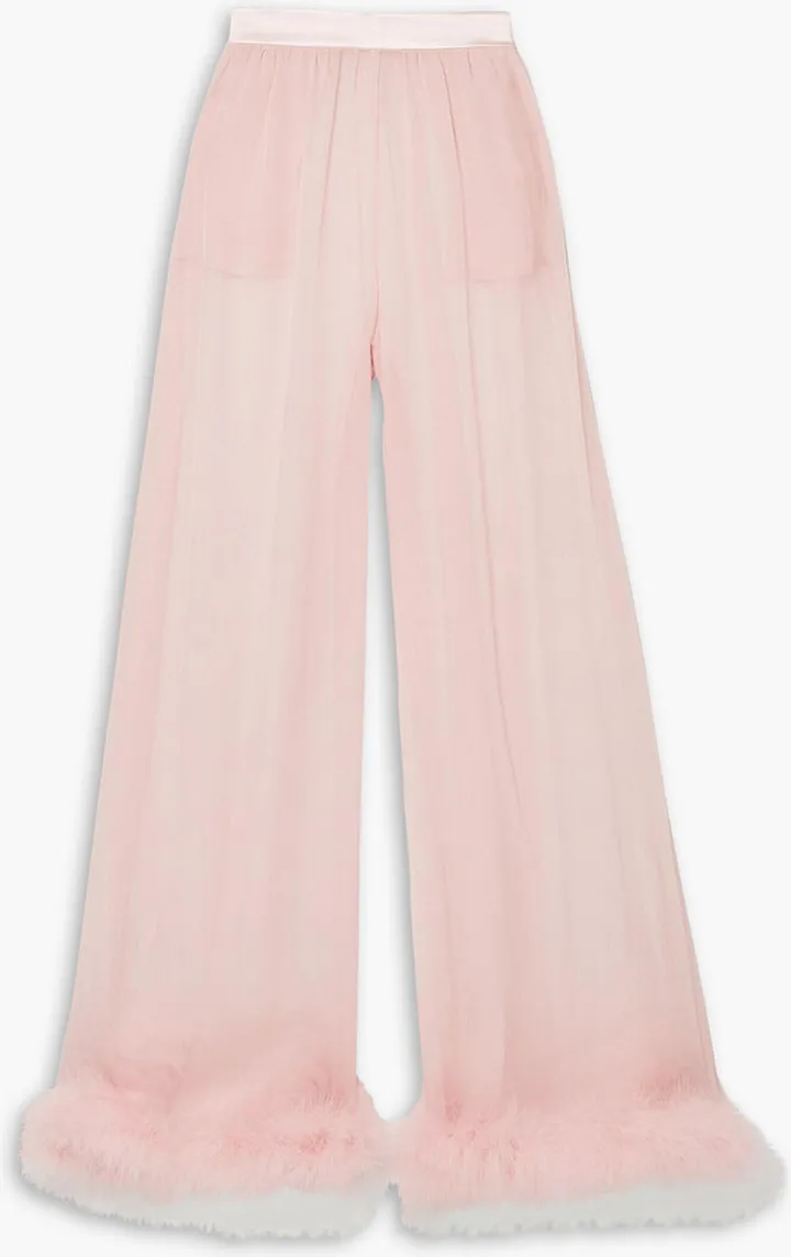 Feather and satin-trimmed silk-chiffon wide-leg pants