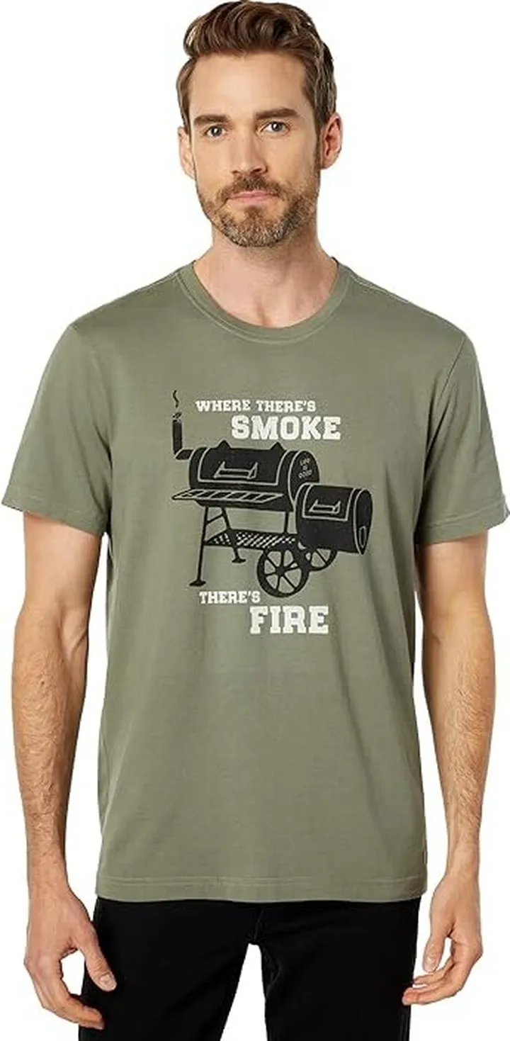 Life is Good Where There's Smoke There's Fire Crusher Tee (Moss Green) Men's Clothing