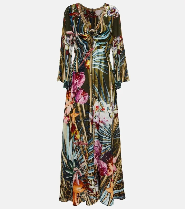 Floral silk cutout maxi dress