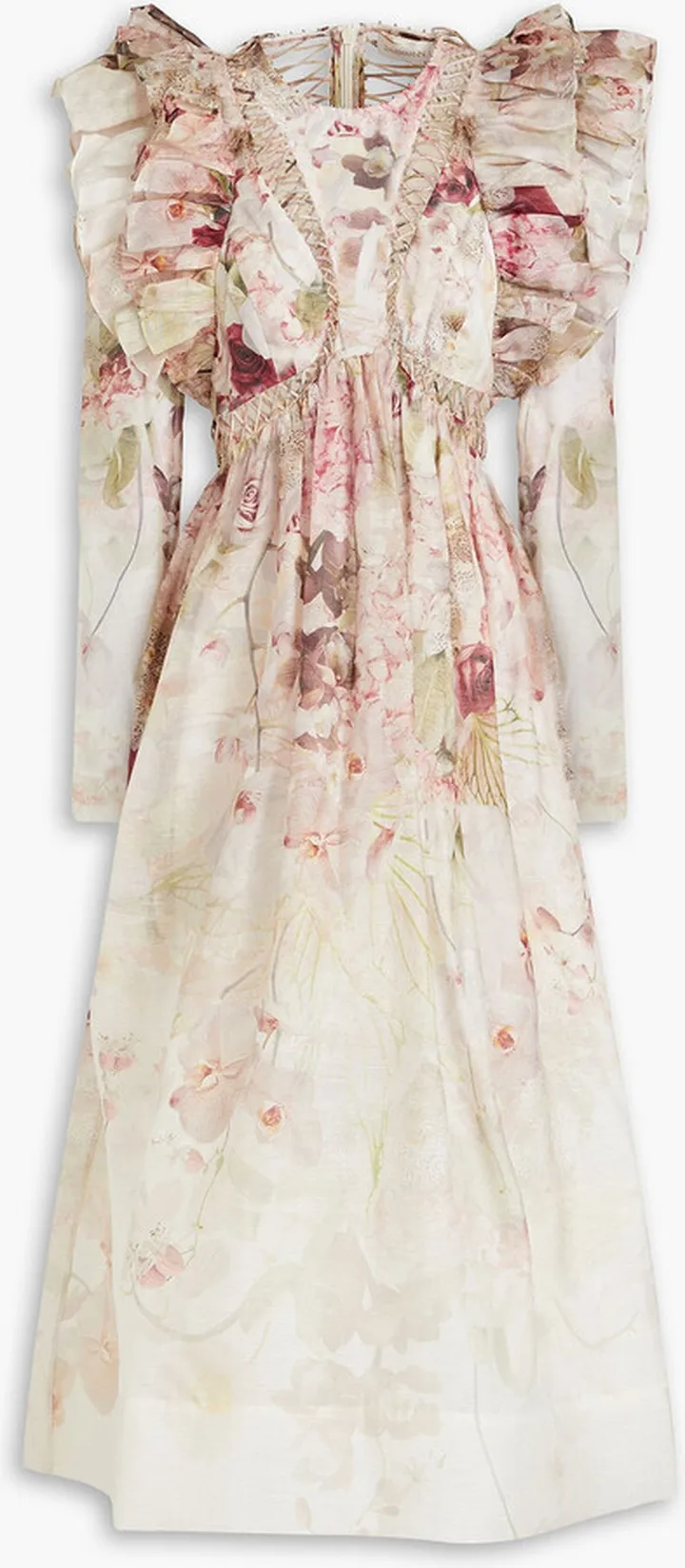 Ruffled floral-print linen and silk-blend midi dress