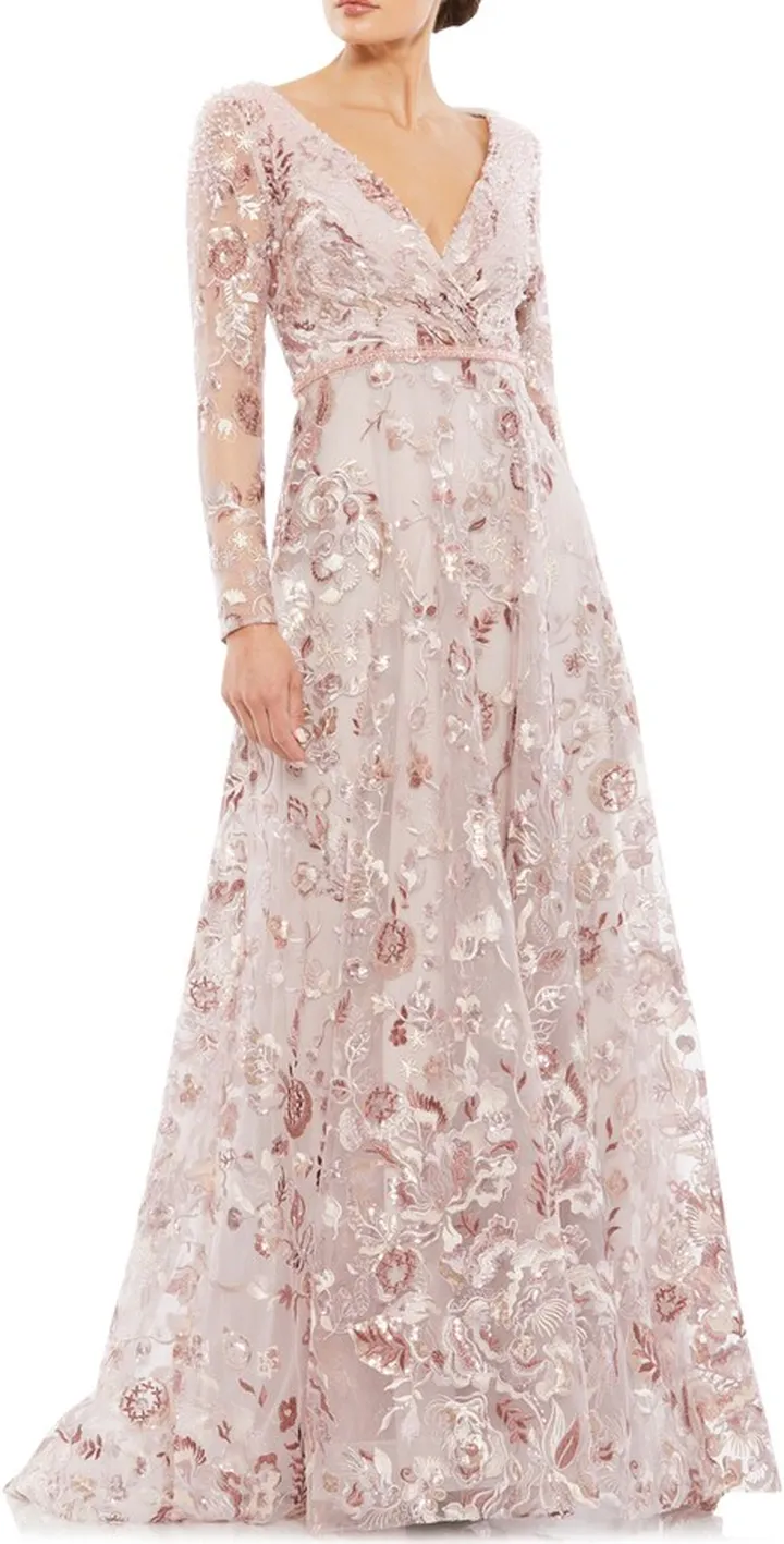 Floral Embroidered Long Sleeve Gown
