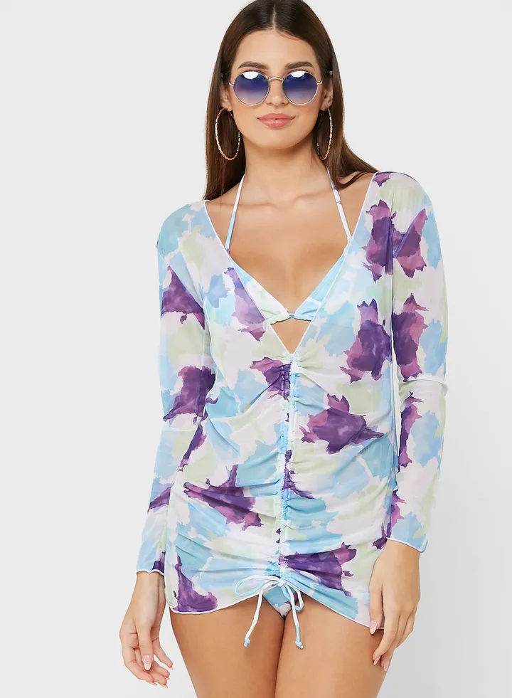 Printed Plunge Neck Beachwear Set