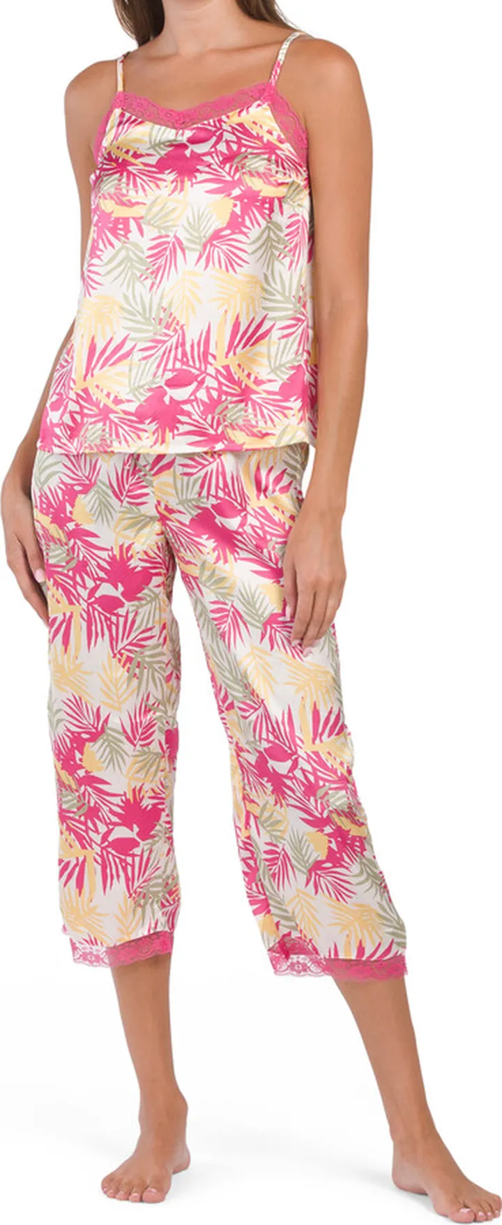 Palm Printed Cami Capri Set With Lace