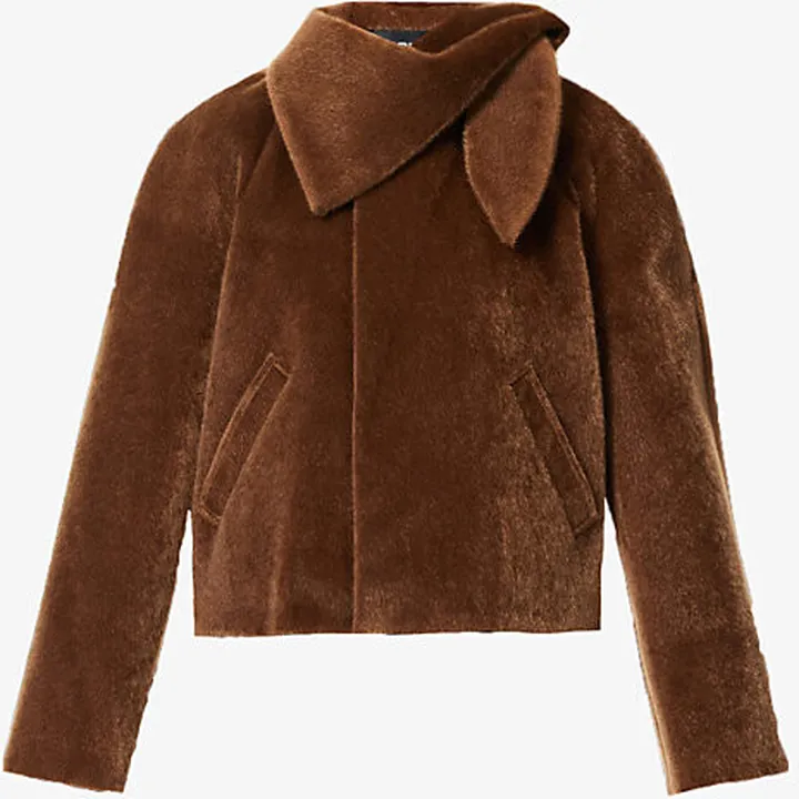 Womens Brown Asymmetric-collar Boxy-fit Faux-fur Coat