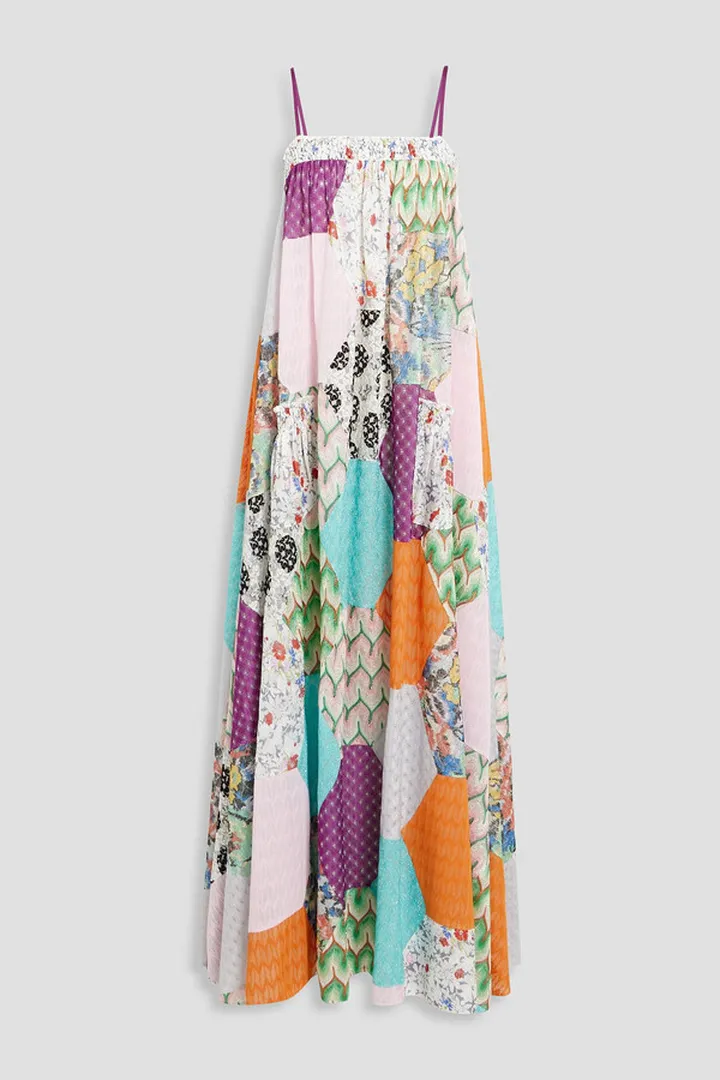 Patchwork-effect metallic crochet-knit maxi dress