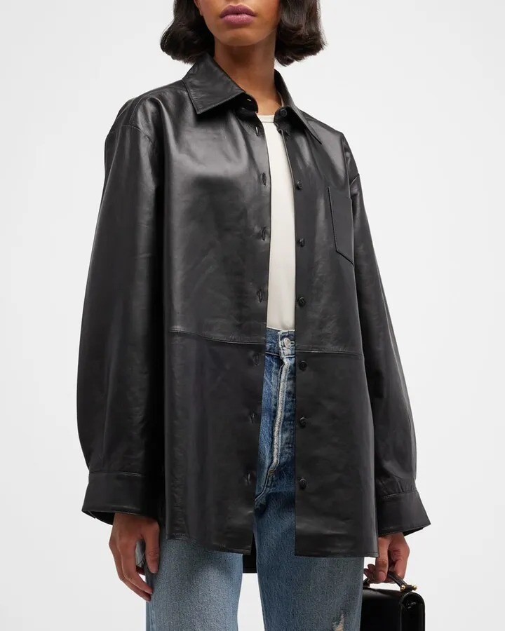 Estelle Leather Long-Sleeve Oversized Shirt
