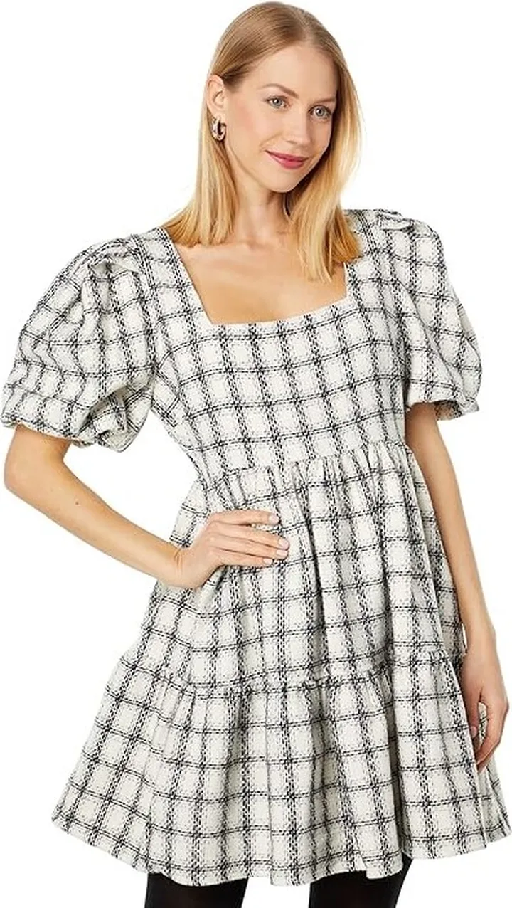 English Factory Tweed Mini Gingham Dress (White) Women's Dress