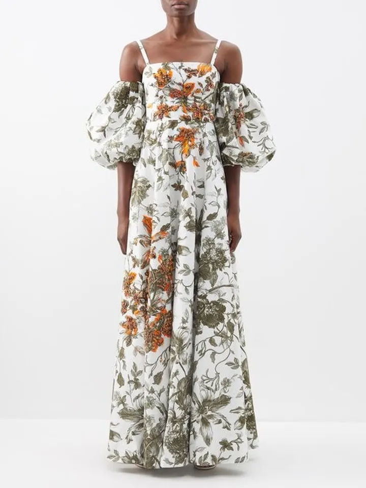 Emanuela Beaded Floral-print Cotton-faille Gown