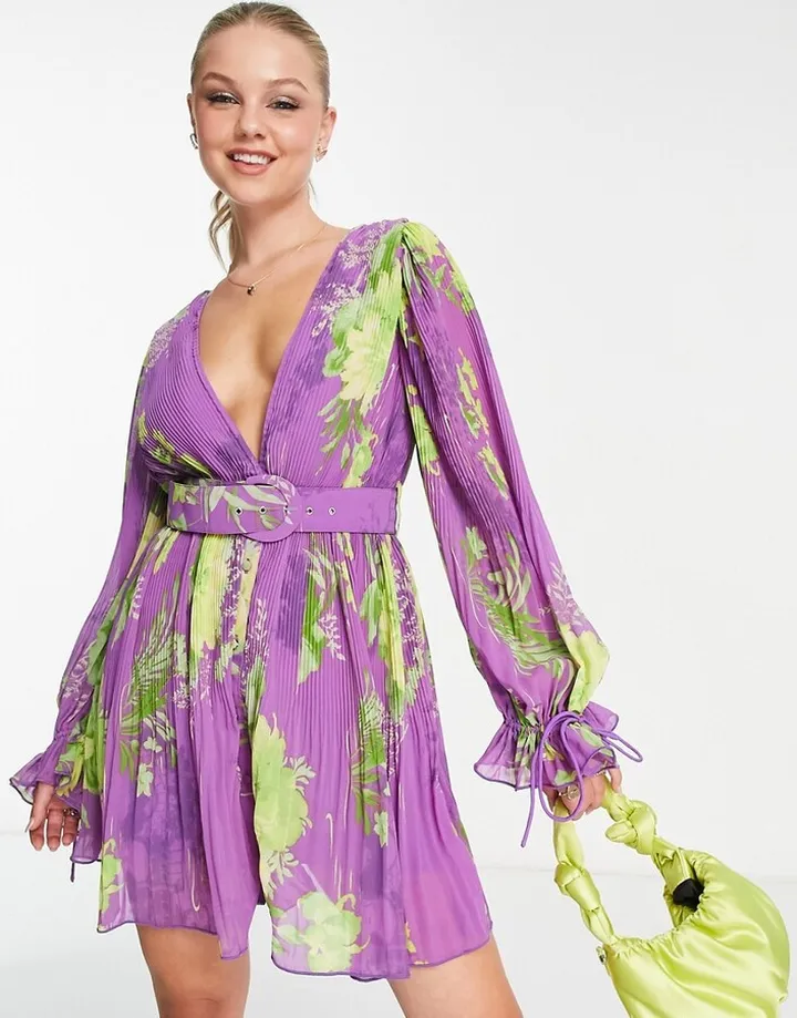 ASOS DESIGN pleated balloon sleeve mini dress with belt in purple floral print