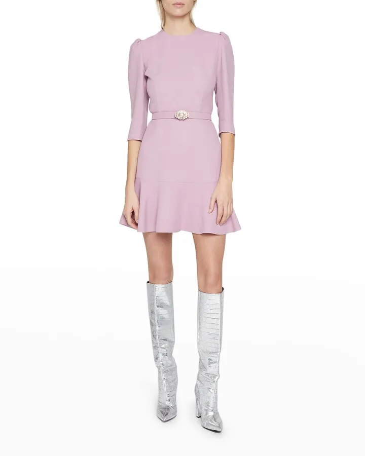 Crystal-Belted Flounce-Hem Mini Dress
