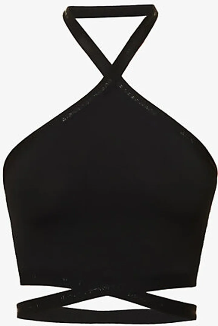 Womens Black Halterneck Criss-cross trap tretch-woven top