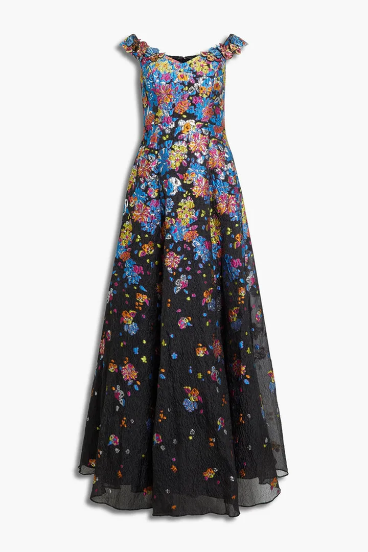 Floral-print cloqué-jacquard gown